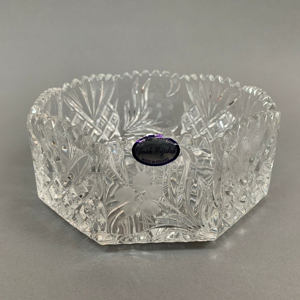 Vintage Ofnah Clear Crystal 24% PBO Hand Cut Bowl Made in Poland Floral